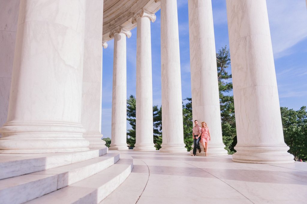 Sunset engagement shoot in-between the columns at the Jefferson Memorial in Washington, DC