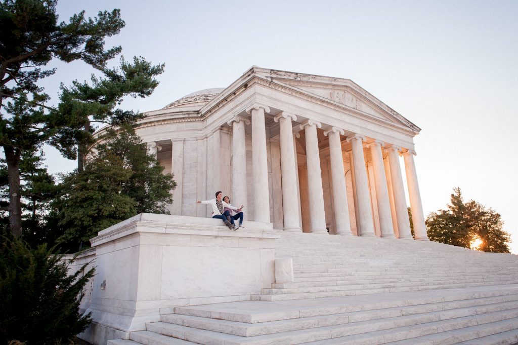 Lesbian sunset engagement shoot at the Jefferson Memorial in Washington, DC.