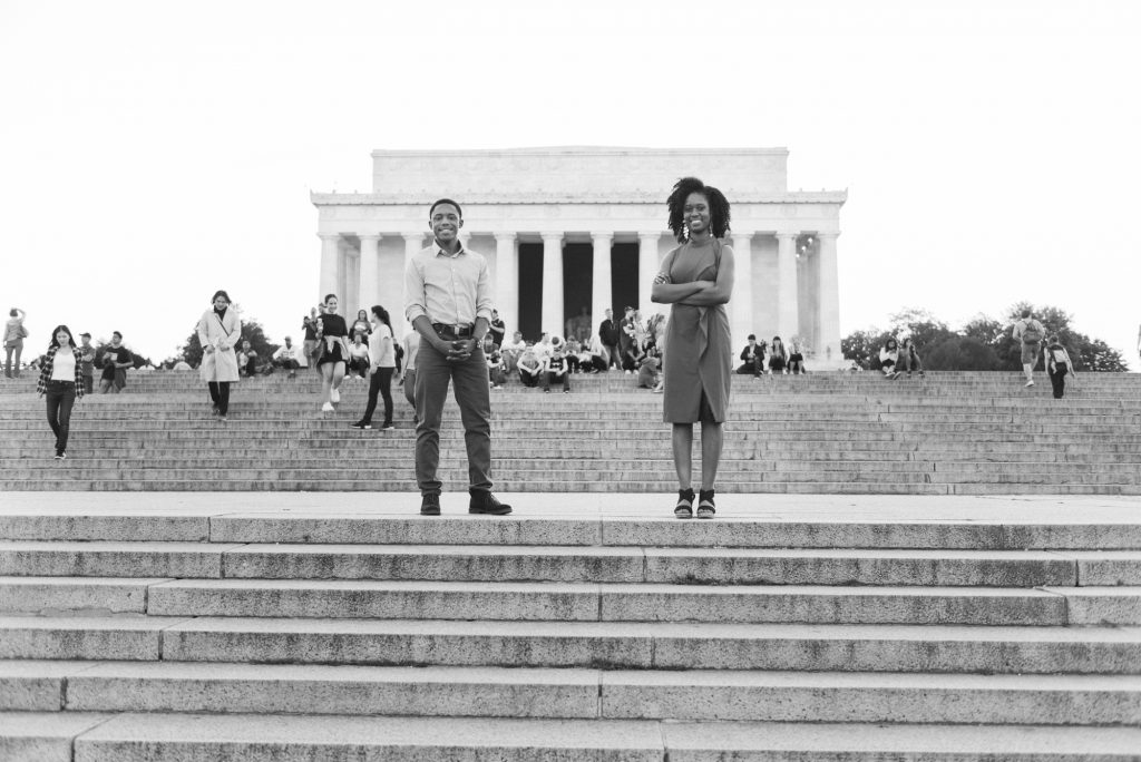 African american engagement shoot in the front of the Lincoln Memorial in Washington, DC.