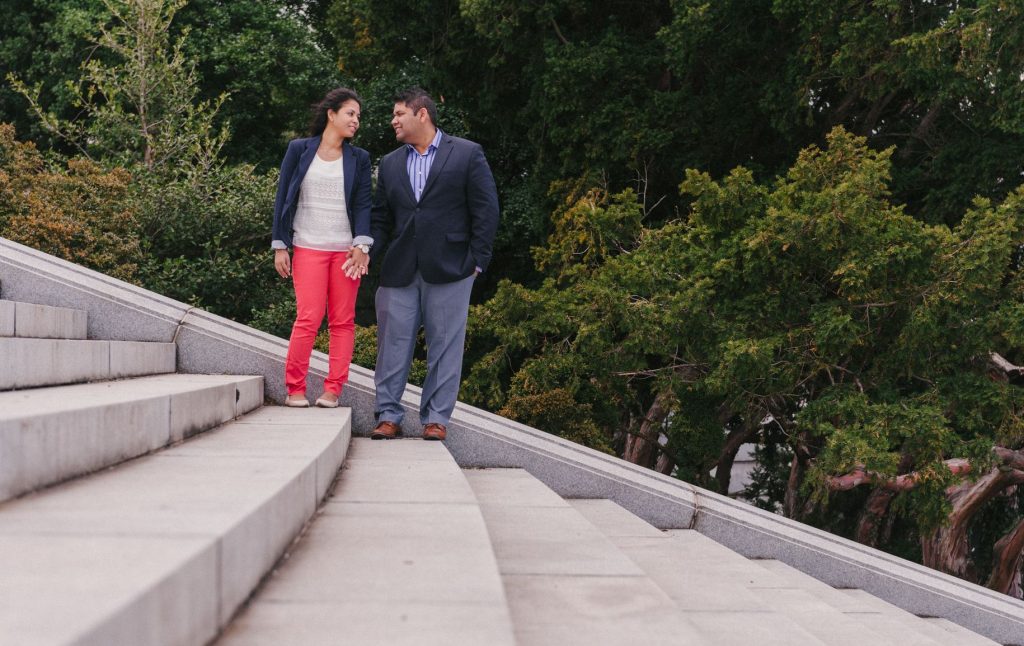Indian engagement shoot on the Watergate Steps near the Potomac River in Washington, DC